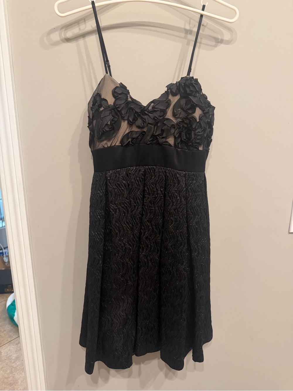 Black Floral Appliqué Satin-Waist Slip Dress